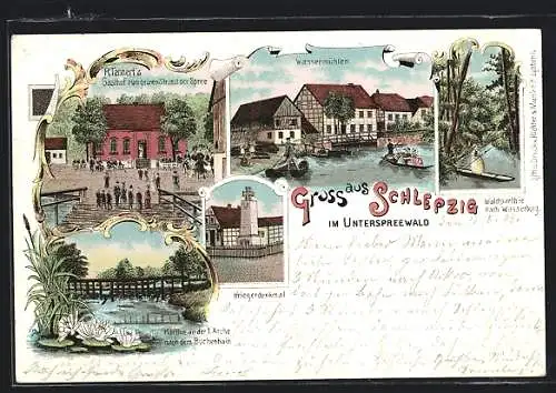 Lithographie Schlepzig /Unterspreewald, R. Tennerts Gasthof zum grünen Strand der Spree, Kriegerdenkmal