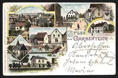 Lithographie Garbenteich, Bahnhof, Rathaus mit Weiher, Kirche, Eisenbahn, Ochsengespann