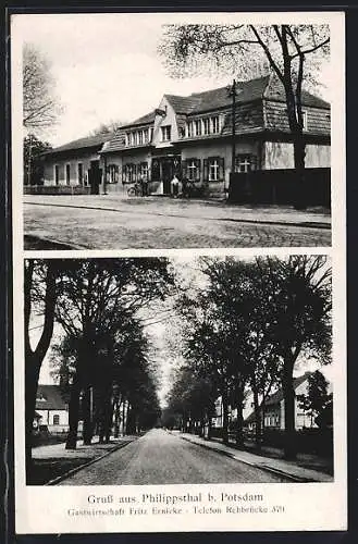 AK Philippsthal b. Potsdam, Gastwirtschaft Fritz Ernicke, Strassenpartie