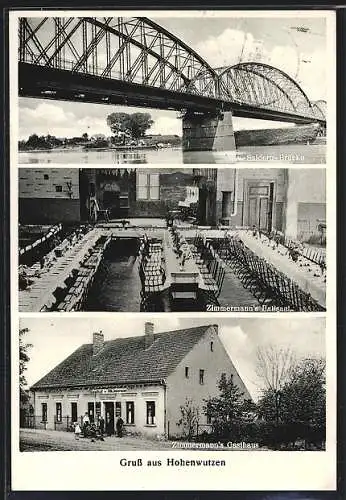 AK Hohenwutzen, Zimmermanns Gasthaus, Ballsaal, v.-Saldern-Brücke