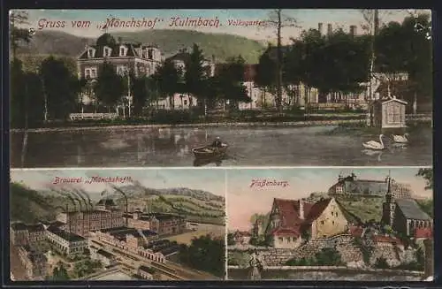 AK Kulmbach, Brauerei u. Gasthaus Mönchshof, Volksgarten, Plassenburg, Ruderboot, Schwäne