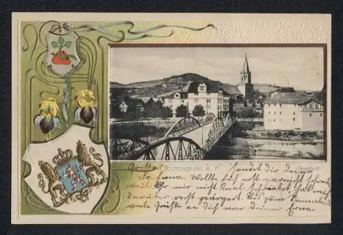 Passepartout-Lithographie Rotenburg a. F., Brücke zur Neustadt, Stadtwappen