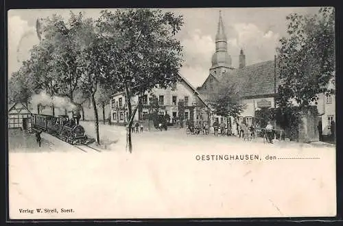 AK Oestinghausen, Gasthaus zum Stern von Caspar Sauerland, einfahrender Zug