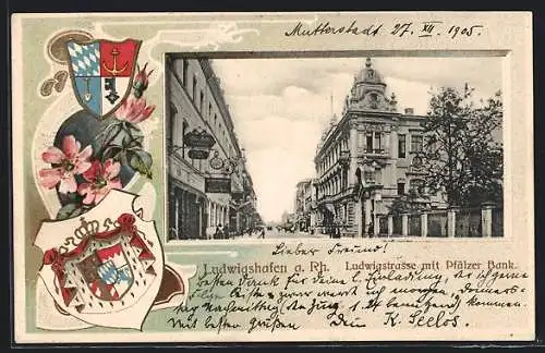 Passepartout-Lithographie Ludwigshafen a. Rh., Ludwigstrasse mit Pfälzer Bank, Stadtwappen