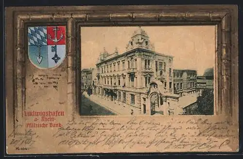 Passepartout-Lithographie Ludwigshafen a. Rhein, Ansicht der Pfälzischen Bank, Stadtwappen