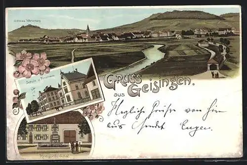 Lithographie Geisingen / Baden, Schloss Wartenberg, Schule u. Forsthaus, Kriegerdenkmal