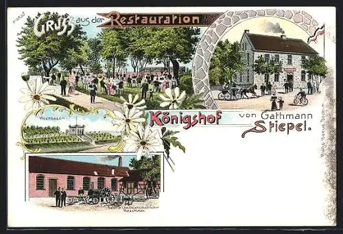Lithographie Königshof, Gasthaus von Gathmann Sriepel mit Gartenlokal, Hochbassin und Maschinenfabrik