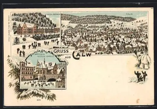 Winter-Lithographie Calw, Handelsschule, Brücke und Nikolai-Kapelle