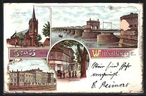 Lithographie Wittenberge, Bahnhof, Kath. Kirche, Elb-Brücke, Bahnstrasse