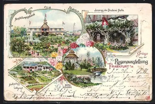 Lithographie Frankfurt a. M., Rosenausstellung, Inneres der Binderei-Halle & Arabisches Labyrinth