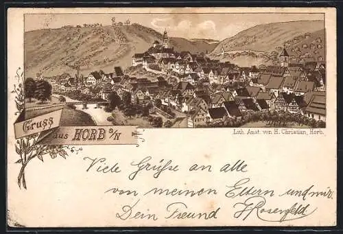 Lithographie Horb a. N., Panoramablick auf die Ortschaft