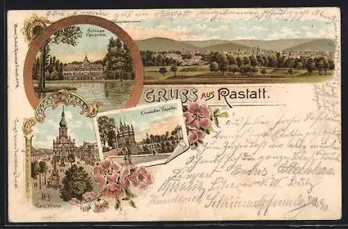 Lithographie Rastatt, Einsiedler Kapelle, Schloss Favorite und Kath. Kirche