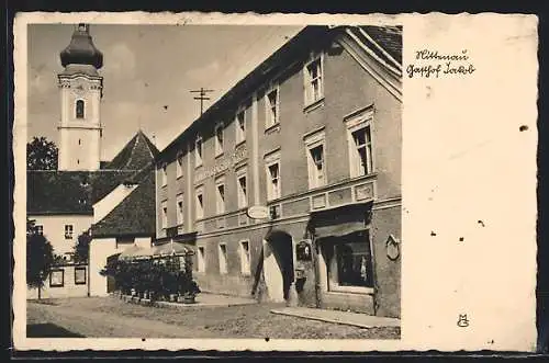 AK Nittenau, Gasthof Jakob und Kirchturm