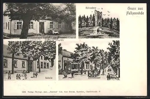 AK Falkenrehde, Gasthof u. Bäckerei Hermann Conrad, Belvedere, Schule, Dorfstrasse