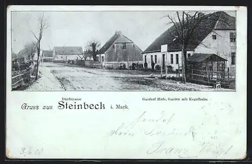 AK Steinbeck / Tiefensee, Gasthof Hufe in der Dorfstrasse, Garten mit Kegelbahn
