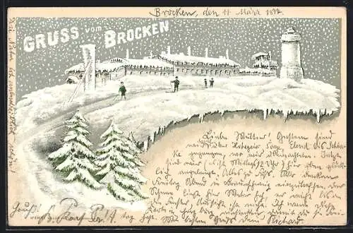 Winter-Lithographie Braunlage, Brocken mit Gebäudeansicht und Skifahrern