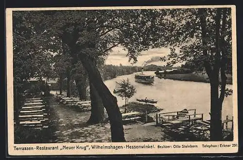 AK Berlin-Wilhelmshagen-Hessenwinkel, Terrassen-Restaurant Neuer Krug, Bes. Otto Steinborn