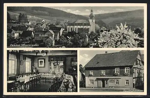 AK Daaden /Westerwald, Gasthof Ermert, Innenansicht mit wimpeln und Kaiserportrait, Ortsansicht