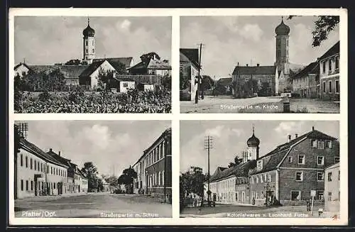 AK Pfatter /Opf., Kolonialwaren v. Leonhard Fuchs, Strassenpartie mit Kirche, Schule