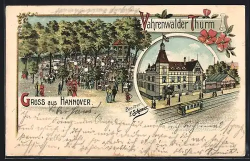 Lithographie Hannover, Gasthaus Vahrenwalder Thurm, Strassenbahn