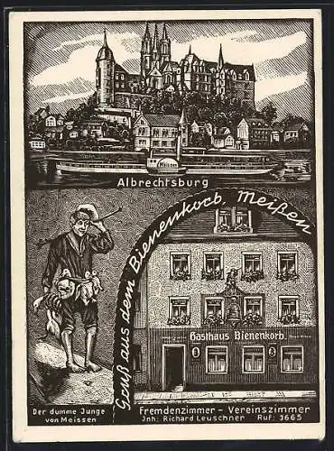 Künstler-AK Meissen, Das Gasthaus Bienenkorb, Raddampfer vor der Albrechtsburg, der dumme Junge