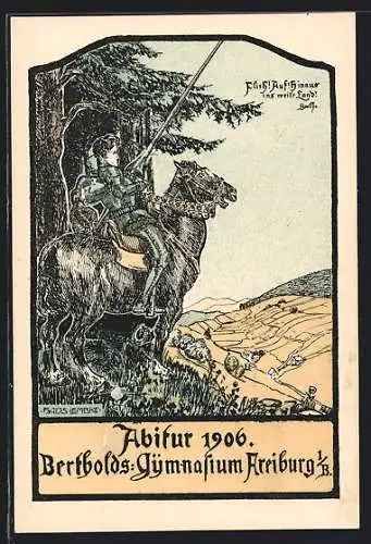 Lithographie Freiburg i. B., Ritter mit einer Lanze auf einem Pferd, Abitur 1906 des Bertholds-Gymnasiums
