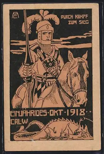 Künstler-AK Calw, Ritter mit Lanze zu Pferde, Einjähriges Absolvia-Jubiläum 1918