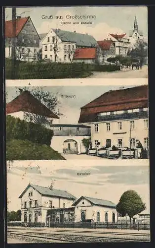 AK Grossschirma, Kirche und Schule, Rittergut, Bahnhof