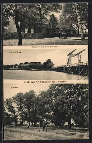AK Atl-Schadow am Pramsee, Gasthaus Baschin, Spreebrücke, Dorf-Aue