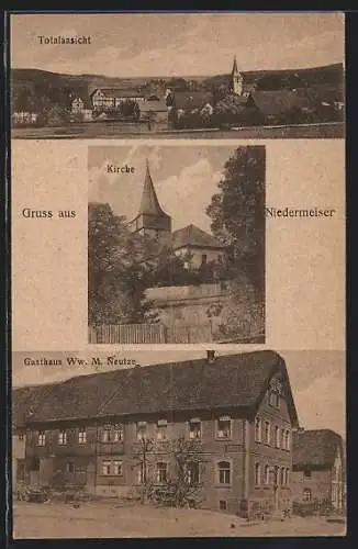 AK Niedermeiser, Gasthaus Ww. M. Neutze, Kirche, Gesamtansicht