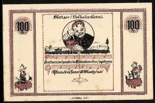 Notgeld Glatz 1921, 1 Mark, Volkslied, Mann mit Pfeife