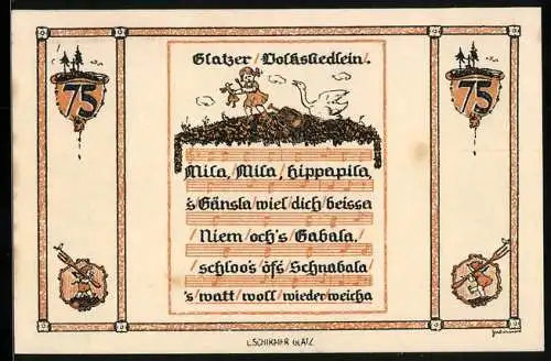 Notgeld Glatz 1921, 75 Pfennig, Volkslied, Mädchen wird von Schwan verfolgt