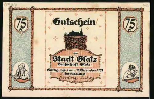 Notgeld Glatz 1921, 75 Pfennig, Volkslied, Mädchen wird von Schwan verfolgt