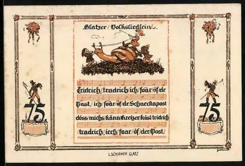 Notgeld Glatz 1921, 75 Pfennig, Volkslied, Zwerg reitet auf Schnecke