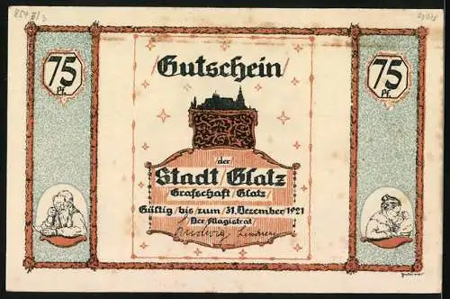 Notgeld Glatz 1921, 75 Pfennig, Volkslied, Zwerg reitet auf Schnecke