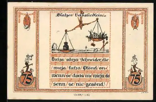 Notgeld Glatz 1921, 75 Pfennig, Volkslied, Waage mit Gewicht und Schneiderutensilien
