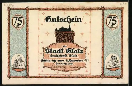 Notgeld Glatz 1921, 75 Pfennig, Volkslied, Waage mit Gewicht und Schneiderutensilien