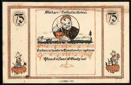 Notgeld Glatz 1921, 75 Pfennig, Glatzer Volkslied, Mann mit Eimer und Pfeife