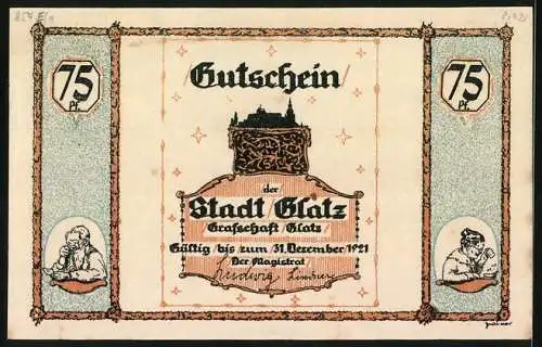 Notgeld Glatz 1921, 75 Pfennig, Glatzer Volkslied, Mann mit Eimer und Pfeife