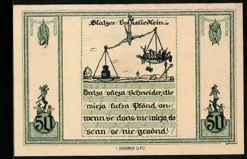 Notgeld Glatz 1921, 50 Pfennig, Volksliedlein, Waage mit Schneidern und Gewicht