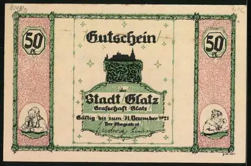 Notgeld Glatz 1921, 50 Pfennig, Volksliedlein, Waage mit Schneidern und Gewicht