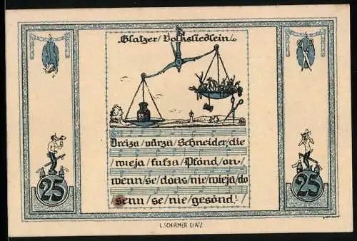 Notgeld Glatz 1921, 25 Pfennig, Volkslied, Waage mit Gewicht und Schneidern