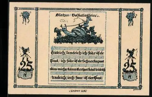 Notgeld Glatz 1921, 25 Pfennig, Volksliedlein, Zwerge reiten auf einer Schnecke