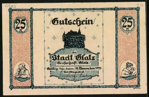 Notgeld Glatz 1921, 25 Pfennig, Volksliedlein, Zwerge reiten auf einer Schnecke