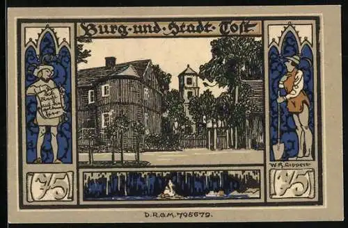 Notgeld Gleiwitz, 75 Pfennig, Ortspartie der Burg Tost, Schwanensee