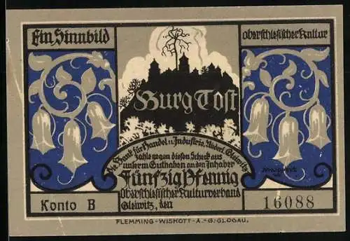 Notgeld Gleiwitz, 50 Pfennig, Silhouette der Burg, Burg und Stadt Tost