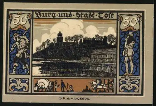 Notgeld Gleiwitz, 50 Pfennig, Silhouette der Burg, Burg und Stadt Tost