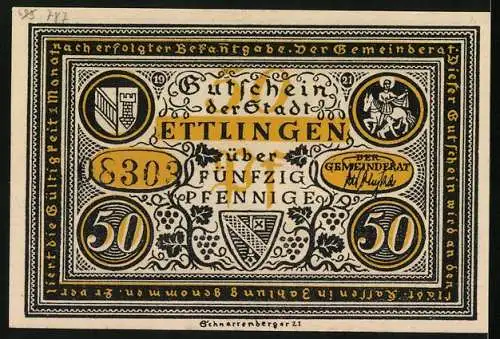 Notgeld Ettlingen 1921, 50 Pfennig, Ritter und Nonnen im Streit