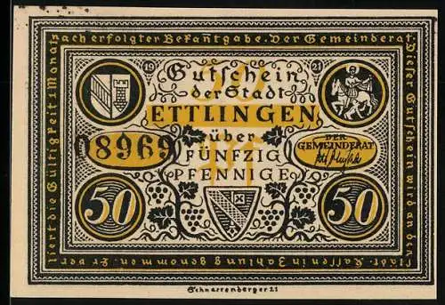 Notgeld Ettlingen 1921, 50 Pfennig, Stadtwappen, Ratsherr wird freigesprochen