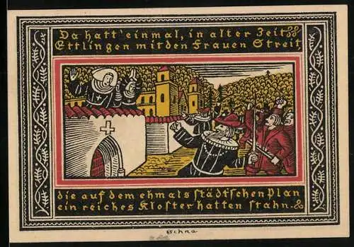 Notgeld Ettlingen 1921, 50 Pfennig, Kloster unter Angriff